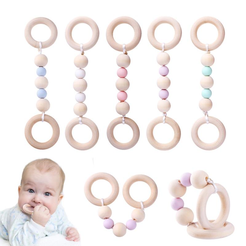 Baby Wooden Beads Silicone Teether Ring Chain