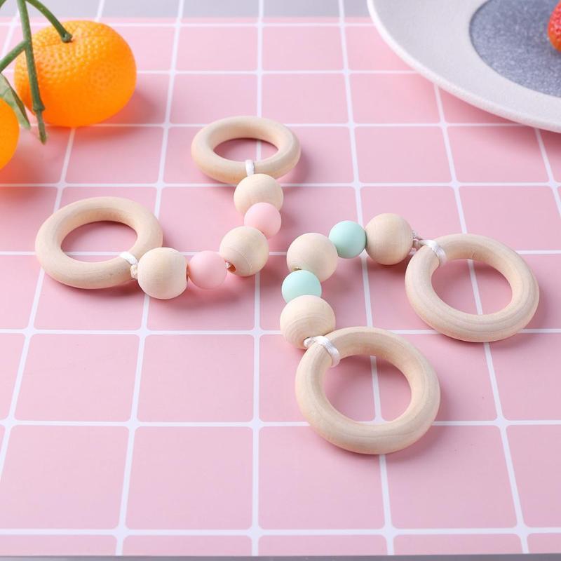 Baby Wooden Beads Silicone Teether Ring Chain