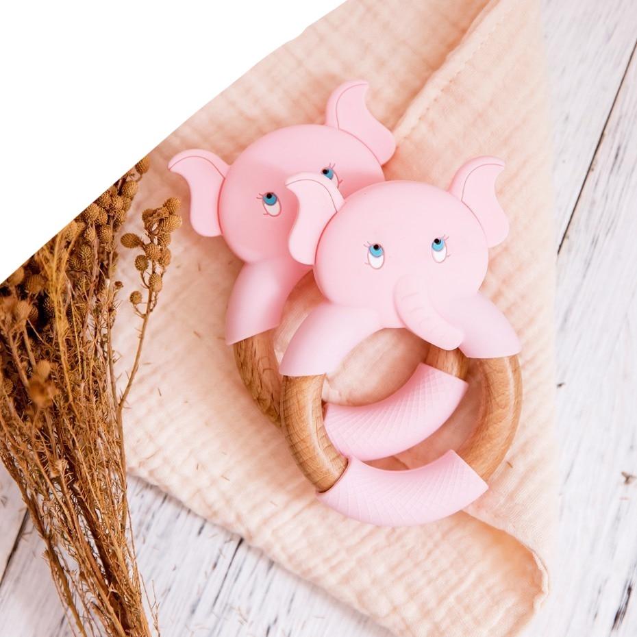 Elephant Silicone Teether Beech Wooden Ring